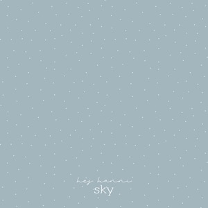 Könnte beinhalten: Ein hellblauer Hintergrund mit einem Muster aus kleinen weißen Punkten. Die Wörter "hej hanni" und "sky" sind in einer zarten, kursiven Schrift am unteren Rand des Bildes geschrieben.
