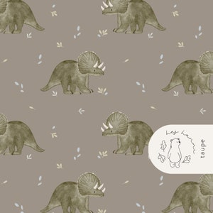 May include: Taupe-colored background with a repeating pattern of watercolor-style triceratops dinosaurs in shades of green and gray. Small leaf and sprig accents in light blue and beige complete the design. The text "Hej ham" and the word "taupe" are in a white oval.
