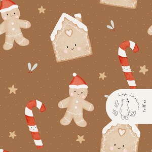 May include: A repeating pattern featuring gingerbread men in Santa hats, gingerbread houses, candy canes, stars, and small white dots on a brown backdrop. A white label with a bear illustration and the text "hey ham toffee" is also present.