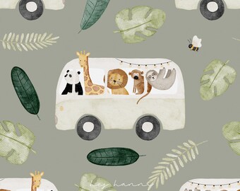 Digitales Stoffdesign Safaribus seagreen nahtloses Muster Kinderstoff HejHanni Stoffmuster seamless pattern JungeStoff Kinderkleidung HHF012