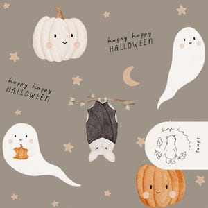 Puede incluir: Ilustración caprichosa de Halloween con una calabaza blanca, un fantasma sonriente y un murciélago colgado boca abajo. Las palabras "happy happy HALLOWEEN" están escritas en una fuente lúdica, junto con una ilustración de oso. Fondo marrón claro.