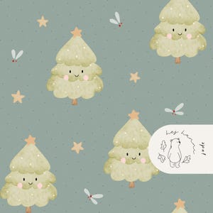 May include: A repeating pattern featuring cartoon Christmas trees with smiling faces, star toppers, and small dots on a teal background. The design also includes star and dragonfly illustrations. A logo with a bear illustration is in the bottom right corner.