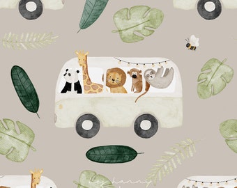 Digitales Stoffdesign Safaribus beige nahtloses Muster Kinderstoff Hej Hanni Stoffmuster seamless pattern Junge Stoff Kinderkleidung HHF012