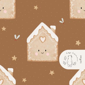 May include: A repeating pattern of gingerbread houses, stars, and small white dots on a brown background. The gingerbread houses have white icing and heart-shaped details. The image includes the text "hey ham toffee" with a bear illustration.