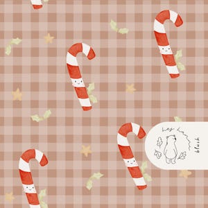 May include: A repeating pattern of red and white candy canes with smiling faces, green holly leaves, and yellow stars on a brown plaid background. The image has a watercolor style and a festive Christmas theme.