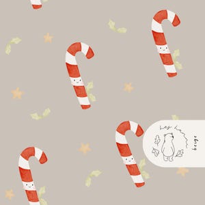 May include: A repeating pattern of red and white candy canes with smiling faces, scattered with yellow stars and green leaves on a beige background. The candy canes are curved and have a watercolor style. A logo with a bear and text is in the bottom right corner.