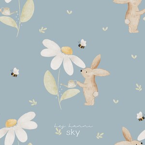 Könnte beinhalten: Aquarell-Illustration auf hellblauem Hintergrund mit einem Hasen, der eine Gänseblümchen gießt, mit Bienen und Blättern. Der Text "hey hanni sky" befindet sich unten rechts. Das Thema ist Frühling und Natur.