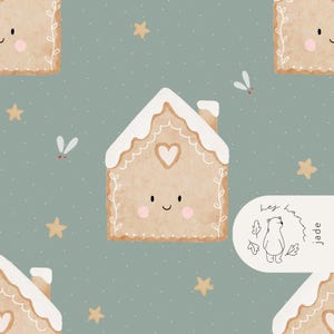 May include: A repeating watercolour pattern of gingerbread houses with white icing, hearts, and smiling faces. The background is a muted teal with scattered stars and small white dots. A logo with a bear illustration is in the bottom right corner.