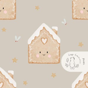 May include: Watercolor illustration featuring a repeating pattern of gingerbread houses with smiling faces, hearts, and white icing. The design includes stars and small floral accents on a neutral background. A logo with a bear and the text "hey ham sand" is in the lower right corner.