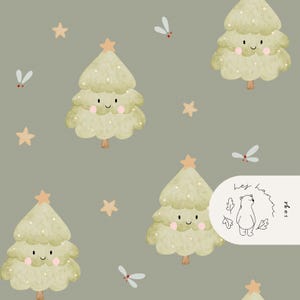May include: A repeating pattern featuring cartoon Christmas trees with smiling faces, star toppers, and small dots. The trees are light green with a brown trunk, set against a sage green background with scattered stars and small insect illustrations.