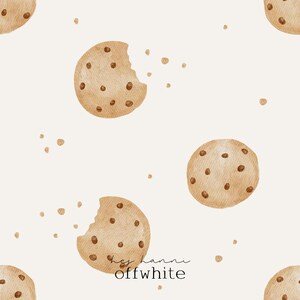 Könnte beinhalten: Aquarell-Illustration von Schokoladen-Chip-Cookies auf weißem Hintergrund. Einige Kekse sind ganz, andere haben einen Biss. Der Text "hey hanni offwhite" ist enthalten.