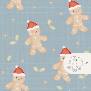 May include: A repeating pattern featuring gingerbread men in red Santa hats on a pale blue grid. The gingerbread men have smiling faces and star buttons. Gold stars and green holly leaves are scattered around.