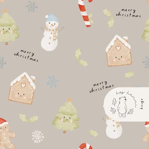 Puede incluir: Un patrón repetitivo de ilustraciones navideñas sobre un fondo beige. El diseño incluye muñecos de nieve, casas de jengibre, árboles de Navidad, bastones de caramelo, copos de nieve y el texto "merry christmas". También hay un logotipo con un oso.
