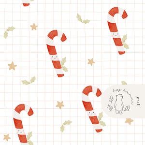 May include: A repeating pattern of red and white striped candy canes with smiling faces, interspersed with gold stars and green holly leaves, on a white grid background. The image has a watercolor style and a festive holiday theme.