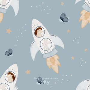 May include: A repeating watercolour pattern featuring white rockets with animal passengers, including a hedgehog and a mouse, against a light blue backdrop. The rockets have blue and tan accents, with stars and butterflies scattered around. The text "hey hanni sky" is in the lower right corner.