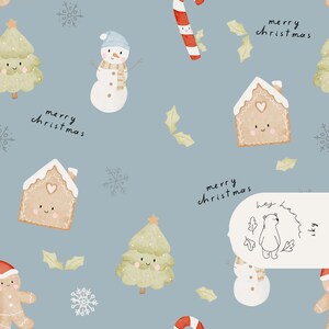 May include: A repeating pattern on a pale blue background featuring Christmas-themed illustrations. Includes gingerbread houses, snowmen, Christmas trees, snowflakes, candy canes, and the text "merry christmas".