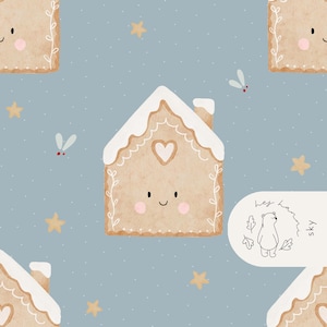 Puede incluir: Un patrón repetitivo de casas de jengibre con glaseado blanco, corazones y caras sonrientes sobre un fondo azul claro con estrellas y pequeños puntos blancos. La imagen incluye el texto "hey ham sky" con una ilustración de oso.