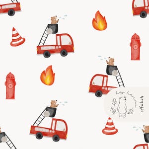 Può includere: Motivo acquerello ripetuto su sfondo bianco. Il design include autopompe rosse, idranti, fiamme e coni stradali. Un orso bruno è nel secchio dell'autopompa. Include il testo "Hey Han" e "offwhite".