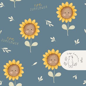 Puede incluir: Patrón repetido de girasoles sonrientes con pétalos amarillos y centros marrones sobre un fondo azul. Las palabras "little sunflower" están escritas en una fuente caprichosa. Acentos de hojas blancas y un logotipo de oso completan el diseño.