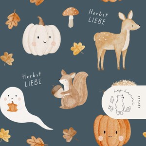 May include: A repeating pattern illustration with autumnal motifs. It features a white pumpkin, a deer, a squirrel with an acorn, a ghost, and falling leaves. The words "Herbst LIEBE" are written in white. A small illustration of a bear is also present.
