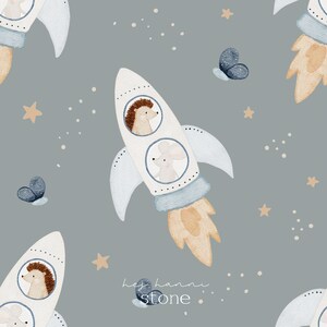 Puede incluir: Ilustración en acuarela con un patrón repetido de cohetes, estrellas y mariposas sobre un fondo gris. Cada cohete tiene un erizo y un ratón en las ventanas. El texto "hey hanni stone" está en la esquina inferior derecha.