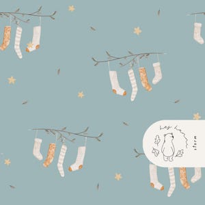 May include: A repeating pattern on a pale blue background features hanging socks in various designs and colours, including white, beige, and orange. The socks are suspended from branches, with scattered stars and leaves adding to the whimsical design.