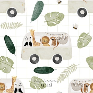 Könnte beinhalten: Wiederholende Musterillustration mit einem hellgrünen Bus, der Zeichentricktiere wie Panda, Giraffe, Löwe, Affe und Faultier transportiert. Das Design umfasst grüne Blätter und Bienen auf einem weißen Gitter. Der Text "Hey Hanne Grid" ist im Bild zu sehen.
