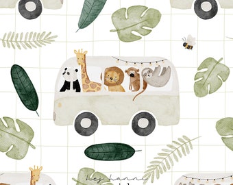 Digitales Stoffdesign Safaribus grid nahtloses Muster Kinderstoff Hej Hanni Stoffmuster seamless pattern Junge Stoff Kinderkleidung HHF012