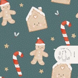 May include: A repeating pattern featuring gingerbread men and houses, candy canes, stars, and small white dots on a teal background. The gingerbread figures wear red Santa hats. A white banner with a bear illustration and text is in the lower right corner.