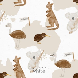 Könnte beinhalten: Aquarell-Illustration mit australischen Tieren wie Kängurus, Koalas, Emus und Kiwis. Die Tiere sind vor einer Karte von Australien in neutralen Farbtönen dargestellt. Der Text "hey Australia" befindet sich auf einer kleinen Flagge. Die Worte "hey hanni white" sind ebenfalls vorhanden.