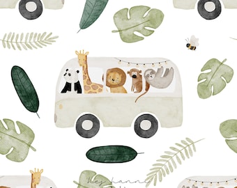 Digitales Stoffdesign Safaribus weiß nahtloses Muster Kinderstoff Hej Hanni Stoffmuster seamless pattern Junge Stoff Kinderkleidung HHF012