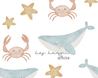 Digitales Stoffdesign Meerestiere white nahtloses Muster Kinderstoff Hej Hanni Stoffmuster seamless pattern Stoffe Kinderkleidung HHF023