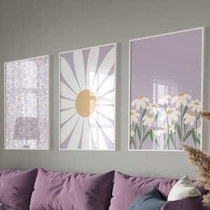Gallery Wall Art Set Of 3 Lilac, Daisy Print, Daisies Poster, Daisy Poster Set, Flowers Gallery Set, Pastel Gallery Wall