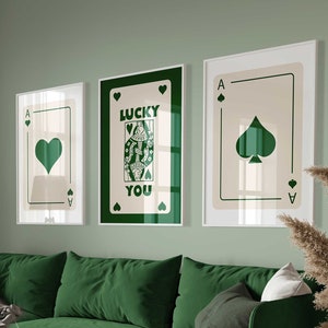 Lucky You Poster, Ace Of Spades & Hearts, Green Play Card Print - Trendy Retro Wall Art 3 Piece Set - Download digitale