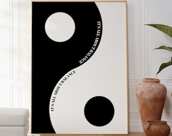 Black Ying Yang Poster, It's All About Balance Print, Pastel Ying Yang Printable Wall Art, Modern Wall Decor, Minimalist Wall Art