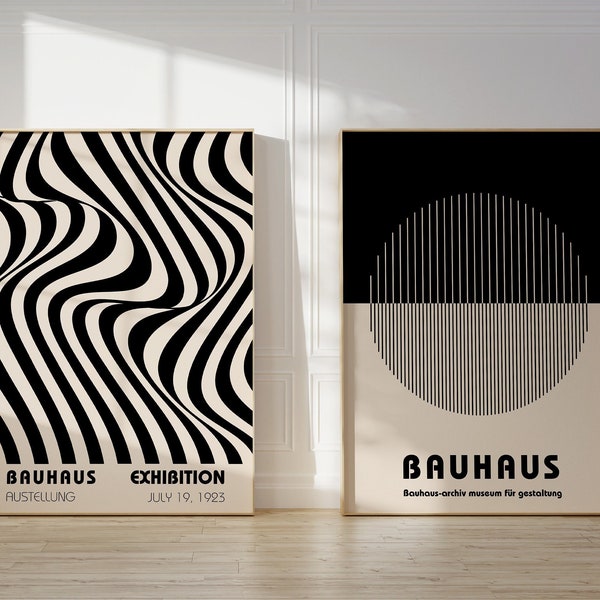 Bauhaus Poster Prints, 2er-Set Bauhaus-Druck, schwarze Wellenlinie Ausstellungsplakat, abstrakte druckbare Wandkunst - digitaler Download