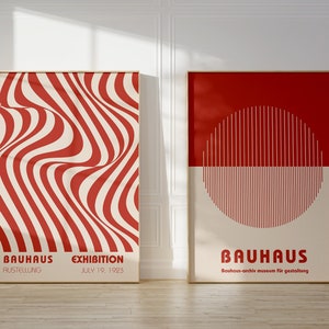 Bauhaus Poster, Red Wavy Line Ausstellungsplakat, Abstrakte druckbare Wandkunst, 2er Set Drucke - Digitaler Download
