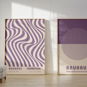 Impresiones de carteles de la Bauhaus, cartel de exposición de línea ondulada púrpura pastel, arte de pared imprimible abstracto, conjunto de 2 impresiones - Descarga digital