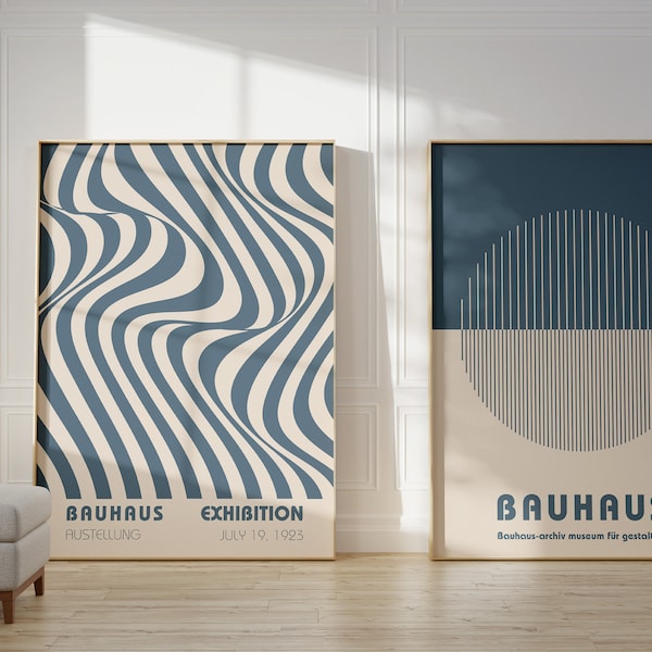 Bauhaus Poster Prints, Blaue Wellenlinie Ausstellungsplakat, abstrakte druckbare Wandkunst, Set von 2 Drucken - Digitaler Download