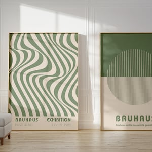 Bauhaus Poster, Sage Green Wavy Line Ausstellungsplakat, Abstrakte druckbare Wandkunst, Set von 2 Drucken - Digitaler Download