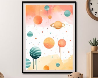 Kids Room Wall Art, Painted Planets Print, Nursery Wall Art, Kids Wall Art Prints, Kids Space Art, Gift For Kids, Solar System, STEM, Nasa
