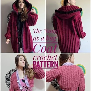 Peut inclure: Un modèle de crochet pour un cardigan à capuche rose avec le texte "The Snug as a Bug Coat crochet pattern".