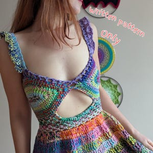 May include: A multicoloured crochet dress featuring a cutout midriff, ruffled shoulder straps, and a vibrant variegated yarn pattern. The text "written pattern only" is visible in the upper right, and "SIMONA CREATES" is printed on the skirt.