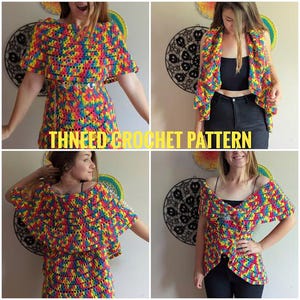 May include: Four different ways to wear a colourful crochet top. The top is made with a variety of colours, including red, yellow, blue, and green. The top can be worn as a dress, a vest, or a top. The top is shown being worn by four different people.