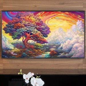 以下が含まれることがあります： 渦巻く空と雲を背景に、大きな木を描いたカラフルな抽象画です。