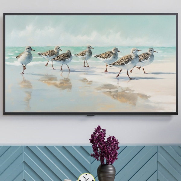 Samsung frame tv art collection, amazing beach scene art, sandpiper art, abstract tv art, seascape, beach scene, art for frame tv