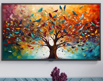Samsung Frame TV Art, Stunning Colors Birds in Tree Colorful Painting, Colorful Art for Frame TV, Free Bonus moveable Art for your Frame TV