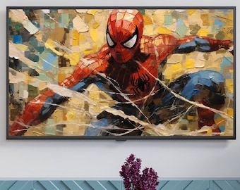Könnte beinhalten: Ein Gemälde von Spiderman in einem rot-blauen Anzug, der sich durch ein Netz aus weißen Linien vor einem gelben und blauen Hintergrund schwingt.