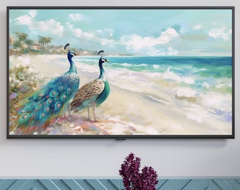 Samsung frame tv art collection, beach peacock digital oil painting art, bird art, abstract tv art, seascape, beach scene, art for frame tv