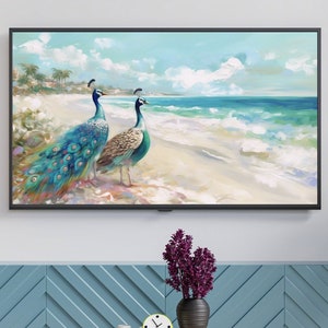 Samsung frame tv art collection, beach peacock digital oil painting art, bird art, abstract tv art, seascape, beach scene, art for frame tv
